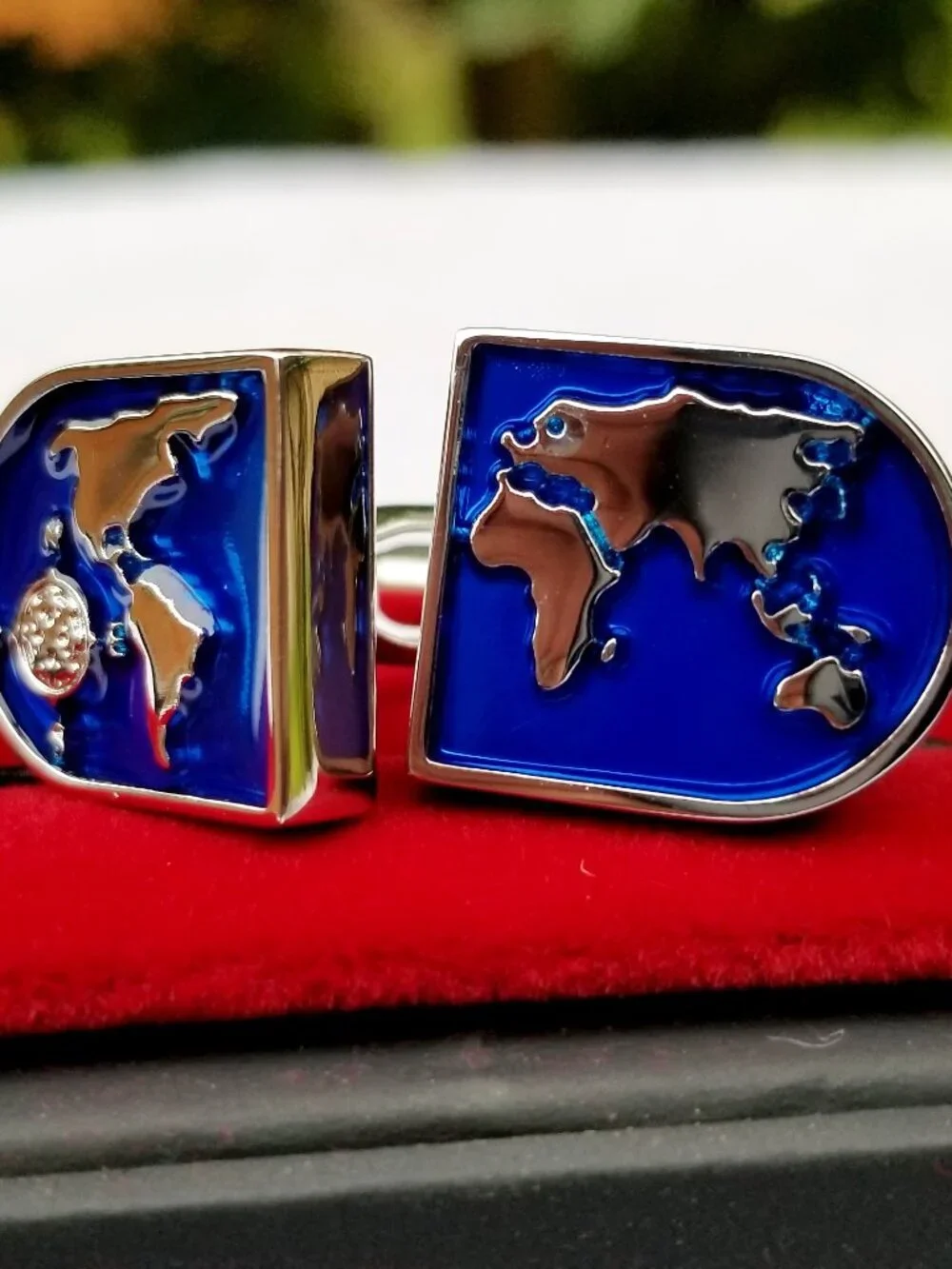 Blue World Map Cufflinks Links Father's Day Travel Geography Explorer Gift Silve